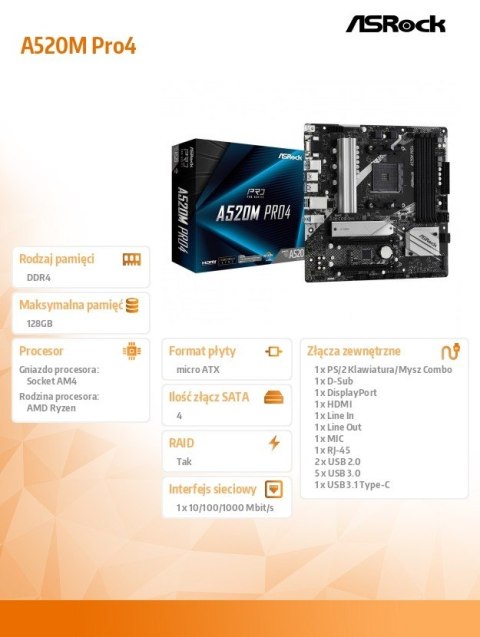 ASRock Płyta główna A520M Pro4 AM4 4DDR4 HDMI/DP/VGA M.2 mATX
