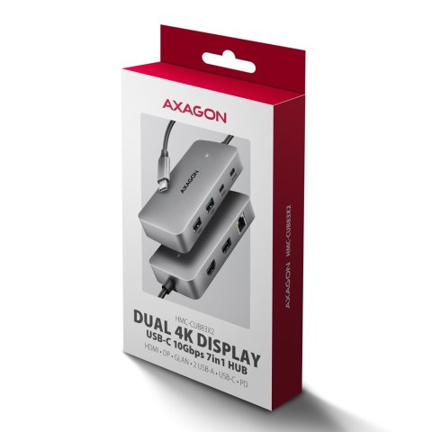 AXAGON HMC-CUB83X2 Wieloportovy hub USB 7in1, 10Gbps, 2x USB-A, 1x USB-C, 1x HDMI 4K/144Hz, DP 8K/30Hz, GLAN, PD 100W, 15cm USB-C kabel