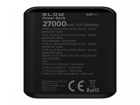 BLOW PowerBank AIR99.9 PD+QC 140W 27000mAh Czarny