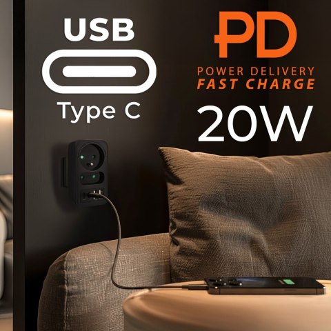 MACLEAN GNIAZDKO PRĄDOWE X2 + 4XUSB, ROZGAŁĘŹNIK Z 2 GNIAZDAMI, 2XUSB A, 2XUSB C PD 20W, 1X16A + 1X6A MCE249 F/B