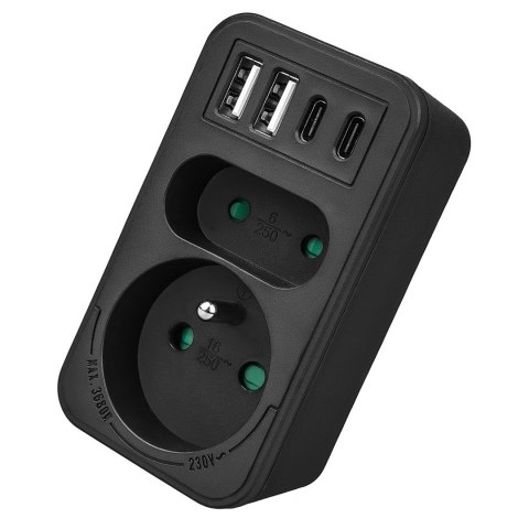 MACLEAN GNIAZDKO PRĄDOWE X2 + 4XUSB, ROZGAŁĘŹNIK Z 2 GNIAZDAMI, 2XUSB A, 2XUSB C PD 20W, 1X16A + 1X6A MCE249 F/B