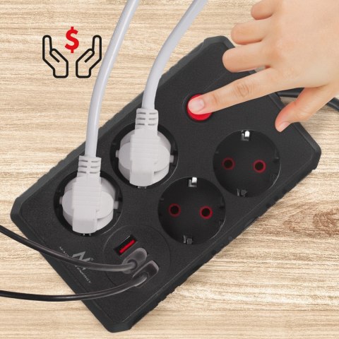 MACLEAN LISTWA ZASILAJĄCA, PRZEDŁUŻACZ 4 GNIAZDA + 3XUSB, 110-240V AC 50/60HZ, 2.1A MAX 2500W, 3M, CZARNA, MCE393 B