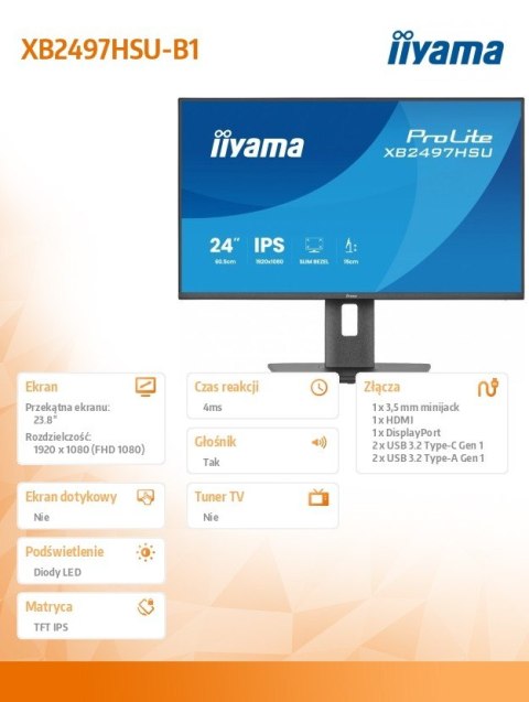 IIYAMA Monitor 24 cali XB2497HSU-B1 IPS, FHD, HDMI, DP, 120Hz