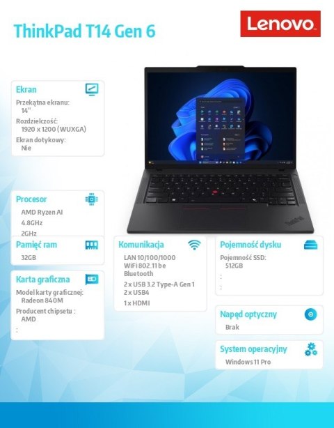 Lenovo Ultrabook ThinkPad T14 G6 21QJ000TPB W11Pro AI 5 PRO 340/2X16GB/512GB/INT/14.0 WUXGA/Black/3YRS Premier Support + CO2 Offset
