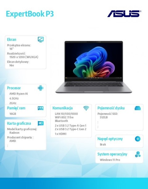 Asus Notebook ExpertBook P3 PM3606CKA-MB0197X - Ryzen AI 5 330/16GB/512GB/16 WUXGA/Win 11 PRO/3YRS