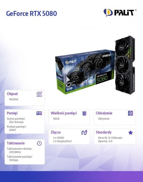 Palit Karta graficzna RTX 5080 GAMING PRO OC 16GB GDDR7 256bit 3DP/HDMI