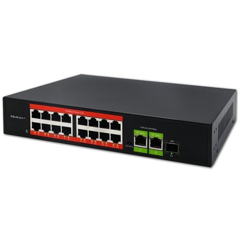 Qoltec Przełącznik sieciowy SWITCH FAST Ethernet PoE | 16x RJ45 10/100 Mb/s | 2x RJ45 Uplink 1000 Mb/s | 1x SFP 1000Mb/s