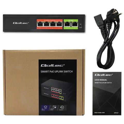 Qoltec Przełącznik sieciowy SWITCH FAST Ethernet PoE | 4x RJ45 | 2x RJ45 Uplink | 65W | 10/100Mb/s