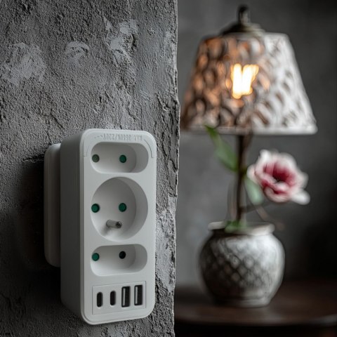 Maclean Rozdzielacz na 3 gniazda MCE248 F/W 2xUSB-A 2xUSB-C biały