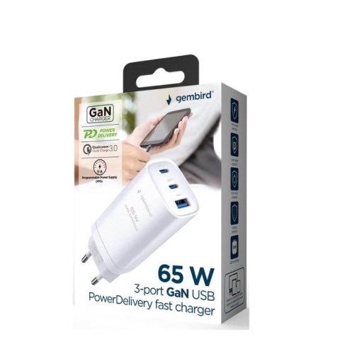 GEMBIRD SZYBKA ŁADOWARKA USB POWER DELIVERY USB TYPU C, 3X USB, 65 W, GAN BIAŁA