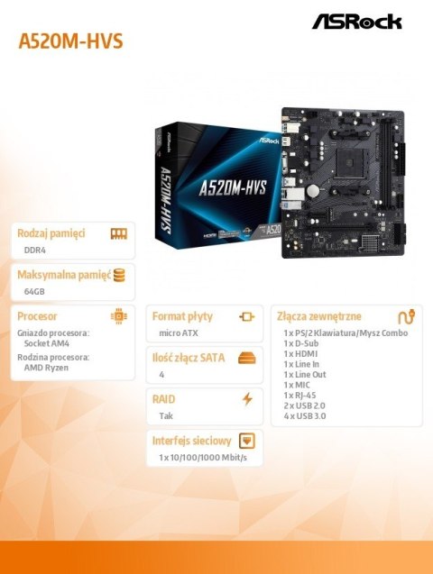 ASRock Płyta główna A520M-HVS AM4 2DDR4 HDMI/VGA M.2 mATX