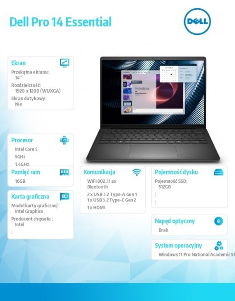 Dell Laptop Dell Pro 14 Essential PV14250 W11P EDU C5 120U/16GB/512GB/Intel Graph/FgrPr/WLAN+BT/14.0/BcklKb/4C/65W/5YRS Carbon Black 
