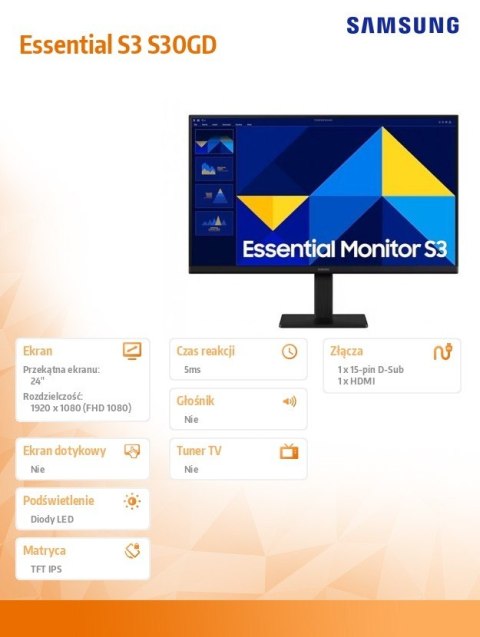 Samsung Monitor 24 cale S30GD IPS 1920x1080 FHD 16:9 1xHDMI 1xD-Sub 5ms 100Hz płaski 3YOn-Site (LS24D304GAUXEN)