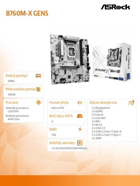 ASRock Płyta główna B760M-X GEN5 s1700 2DDR5 DP/HDMI mATX