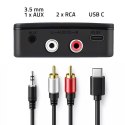 Qoltec Bezprzewodowy transmiter odbiornik Audio HiFi Home&Car | Bluetooth 6.0 | NFC | 2 x RCA | 1 x AUX MiniJack 3.5mm | Mikrofon