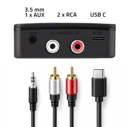 Qoltec Bezprzewodowy transmiter odbiornik Audio HiFi Home&Car | Bluetooth 6.0 | NFC | 2 x RCA | 1 x AUX MiniJack 3.5mm | Mikrofon