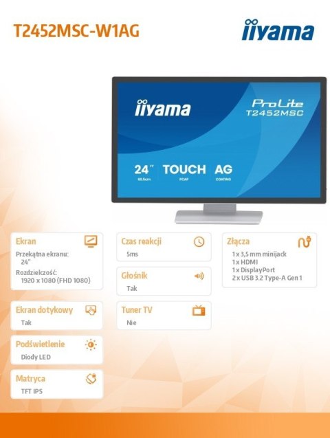 IIYAMA Monitor 24 cale T2452MSC-W1AG FHD,10PKT, POJ, IPS, HDMI, DP, 400cd, biały