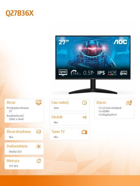 AOC Monitor Q27B36X 27 cali IPS 144Hz HDMI DP