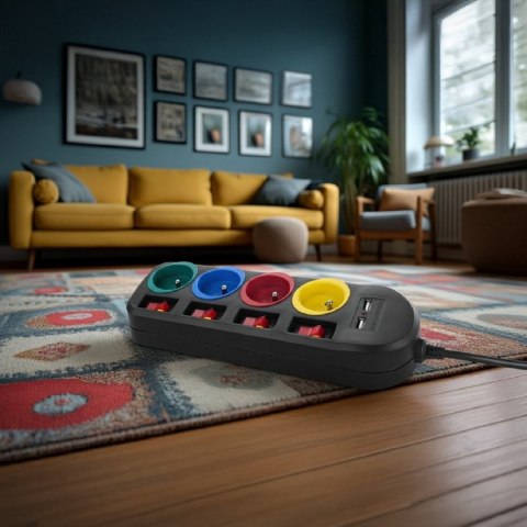 Maclean Listwa zasilająca z wyłącznikami 4 gniazda + 2xUSB przedłużacz MCE229B Czarna