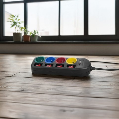 Maclean Listwa zasilająca z wyłącznikami 4 gniazda + 2xUSB przedłużacz MCE229B Czarna