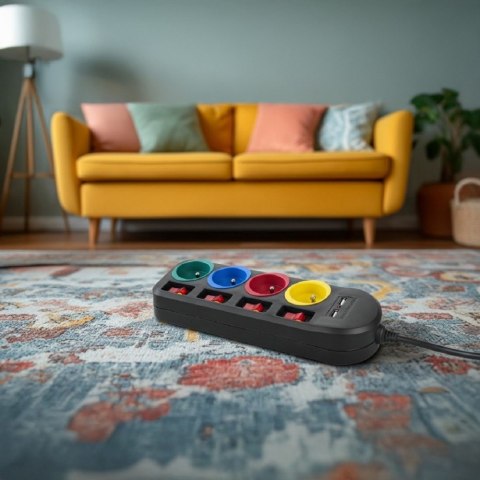 Maclean Listwa zasilająca z wyłącznikami 4 gniazda + 2xUSB przedłużacz MCE229B Czarna