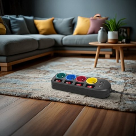 Maclean Listwa zasilająca z wyłącznikami 4 gniazda + 2xUSB przedłużacz MCE229B Czarna