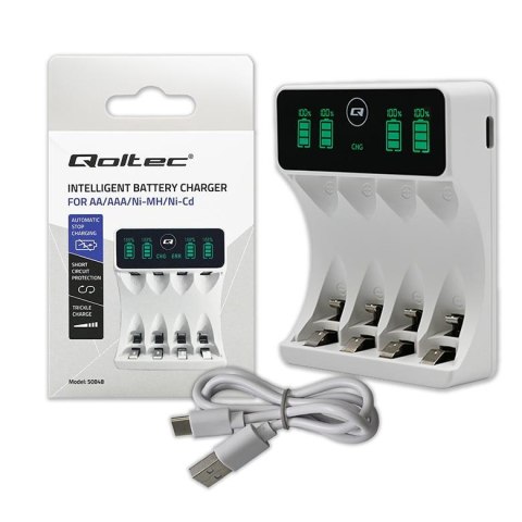 Ładowarka Qoltec do akumulatorków Ni-MH typu R03 AAA R6 AA | LCD | Kabel USB-C | Biała