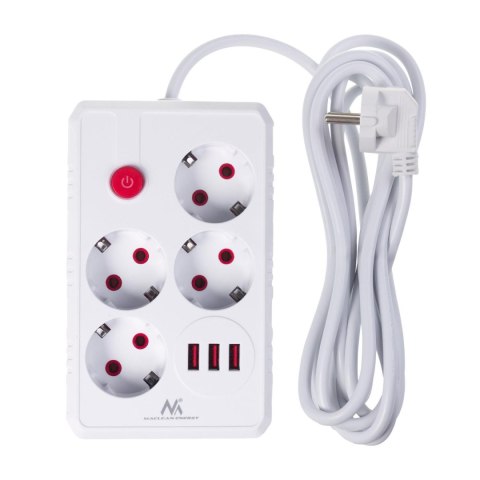 Listwa zasilająca Maclean MCE393 W, przedłużacz 4 gniazda + 3xUSB, 110-240V AC 50/60Hz, 2.1A max 2500W, 3m, biała