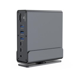 Adapter USB-C żeński 15w1 Hub USB 2.0 i 3.0 + HDMI + DisplayPort + PD + czytnik kart + LAN + audio Gembird szary
