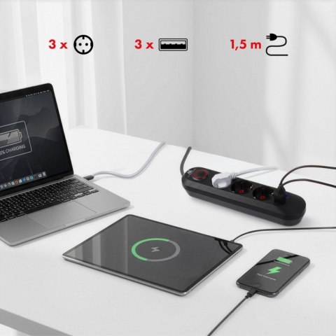 Maclean Listwa zasilająca MCE394 B, 1,5m|3 gniazda + 3xUSB. 110-240V AC 50/60Hz, 2.1A max 2500W, czarna