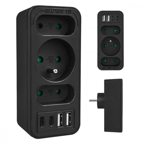 Maclean Rozdzielacz na 3 gniazdka MCE248 F/B 2xUSB-A 2xUSB-C czarny