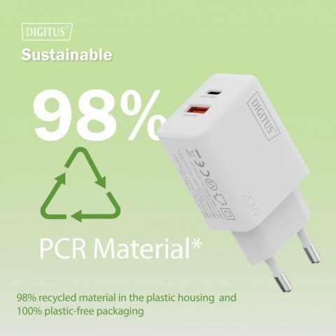Digitus Ładowarka sieciowa 20W | 1x USB-C, 1x USB-A | PD 3.0, QC 3.0 | Biała