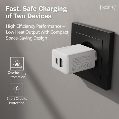 Digitus Ładowarka sieciowa GaN II 30W | 1x USB-C, 1x USB-A | PD 3.0, QC 3.0 | Biała