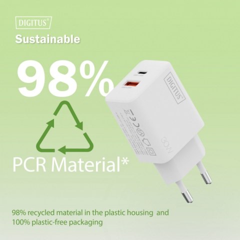 Digitus Ładowarka sieciowa GaN II 30W | 1x USB-C, 1x USB-A | PD 3.0, QC 3.0 | Biała