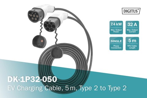 Digitus Kabel do ładowania pojazdów elektrycznych EV, Typ2-Typ2, jednofazowy 230V, 32A, 7.4kW, 5m