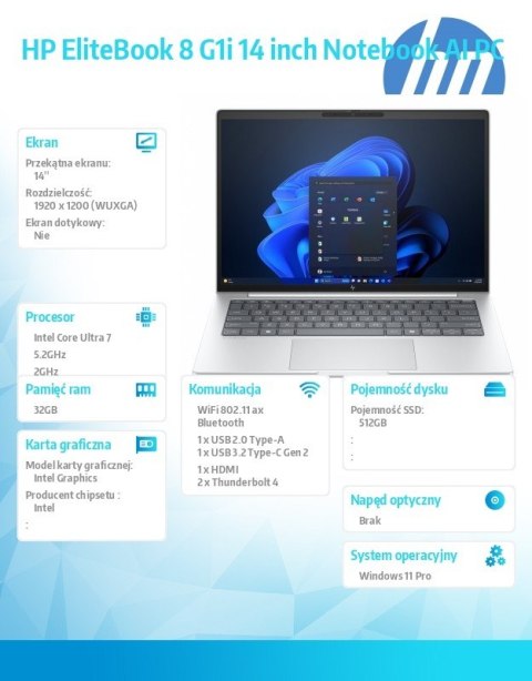 HP Inc. Notebook EliteBook 8 G1i U7-255U 512GB/32GB/W11P/14.0 C51GDET