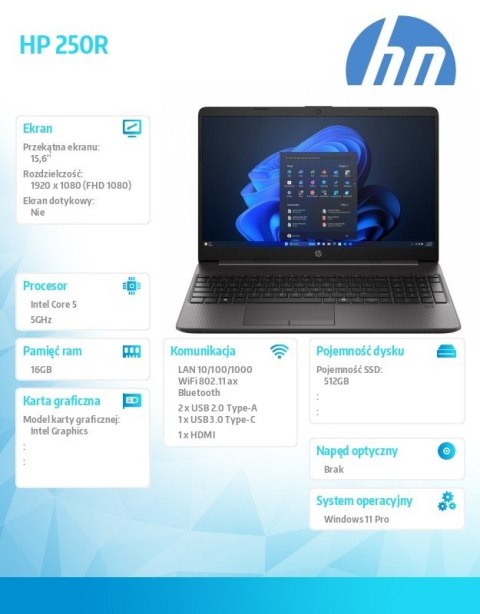 HP Inc. Notebook 250R G9 5-120U 512GB/16GB/Windows11Pro/15,6 cala D0MG5ET