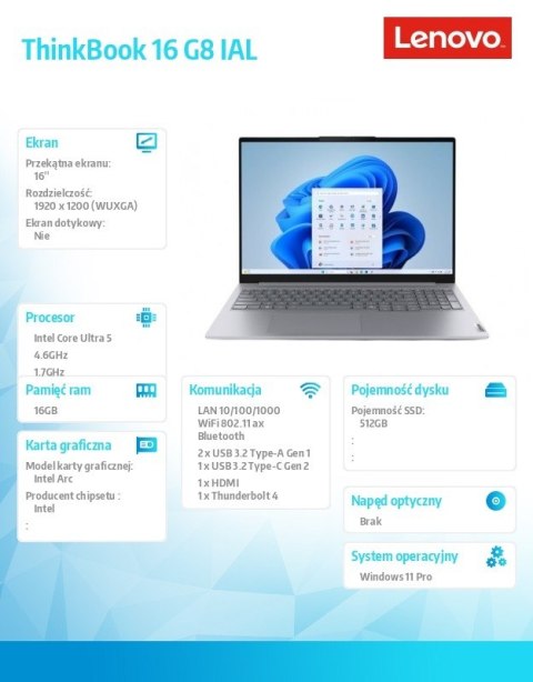 Lenovo Laptop ThinkBook 16 G8 21SK00JPPB W11Pro Ultra 5 135H/16GB/512GB/INT/16.0" WUXGA/Arctic Grey/1YR CI + 3YR OS