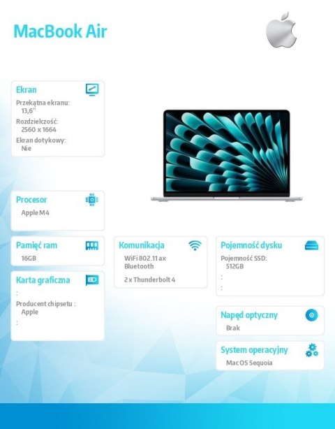 Apple MacBook Air 13.6 cala: M4 10/10, 16GB, 512GB SSD, 35W, GER - Srebrny