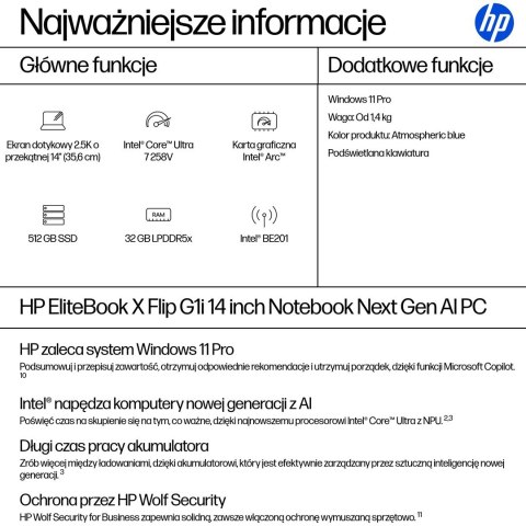 HP EliteBook X G1i Flip Ultra 7 258V 14"2.5K Touch 800nits 120Hz AG 32GB LPDDR5x-8533 SSD512 Intel Arc Cam IR 5 Mpx AI 68Wh W11P