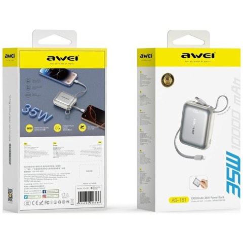 AWEI Powerbank AS-181 35W 10000mAh + kable Lightning i USB-C srebrny