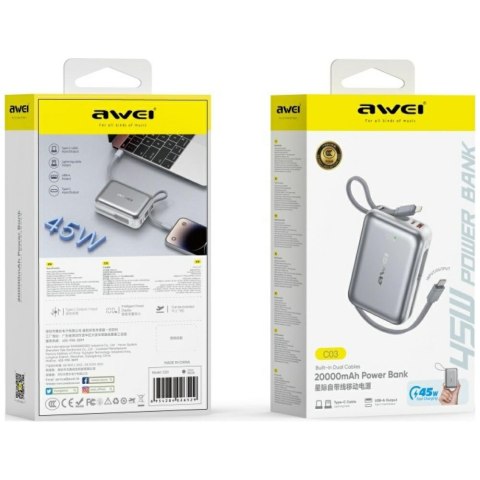 AWEI Powerbank C03 20000mAh 45W USB-A/USB-C + kable Lightning USB-C - srebrny