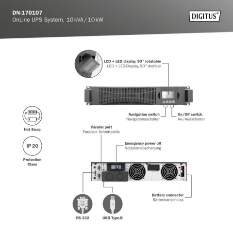 Digitus Zasilacz awaryjny UPS Online Rack 19"/Tower, 10kVA/10kW, 2U, bez baterii (moduł baterii DN-170108)