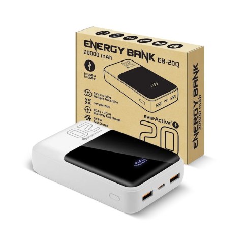 EverActive Powerbank 20 000 mAh 2X USB 1X USB-C 22,5W QC4.0 wyświetlacz LCD