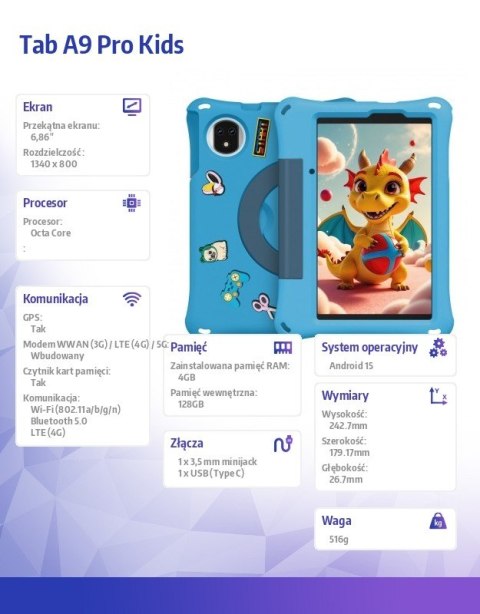 ULEFONE Tablet Tab A9 Pro Kids 4G 8" 4/128GB z etui dla dzieci Niebieski