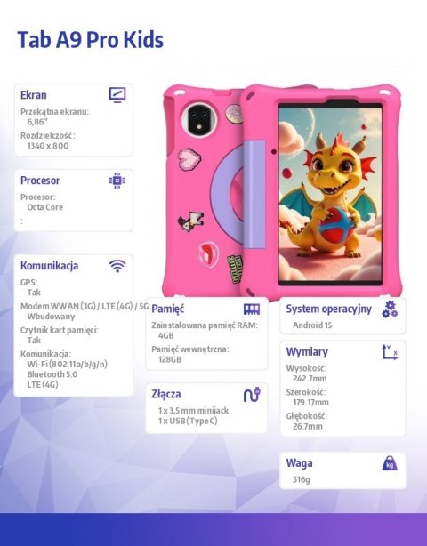 ULEFONE Tablet Tab A9 Pro Kids 4G 8" 4/128GB z etui dla dzieci różowy