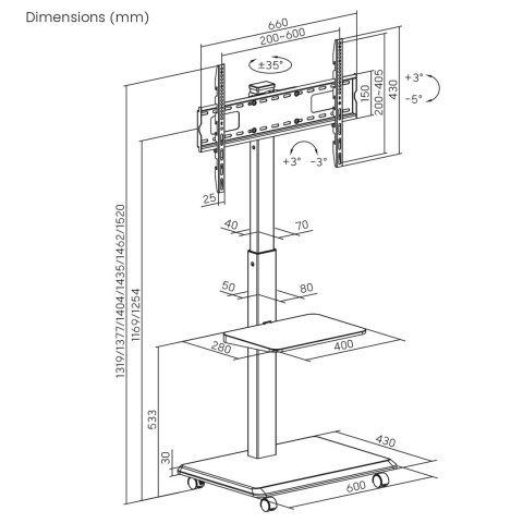 Stand-wózek do TV ERGO OFFICE ER-304 B max. obciążenie 50kg / 5kg półka, max. VESA 600x400, wbud. listwa zasil., czarny