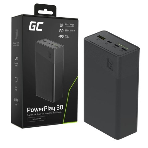 Green Cell Powerbank 30 000mAh, 22.5W, 4 porty, czarny
