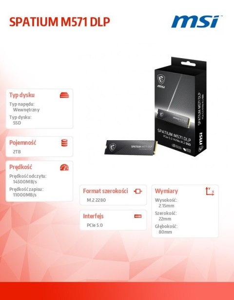 MSI Dysk SSD SPATIUM M571 DLP 2TB M.2 PCIe 5.0 14500/11000
