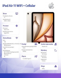 Apple IPad Air 11 cali WiFi + Cellular 256GB Księżycowa poświata